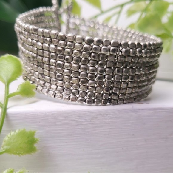 Silver Layered Bohemian Beaded Cuff Bracelet - Picture 2 of 6